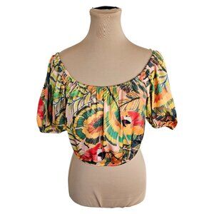 Cupcakes and Cashmere Parrot Cropped Tropical Puff Sleeve Top Sz M